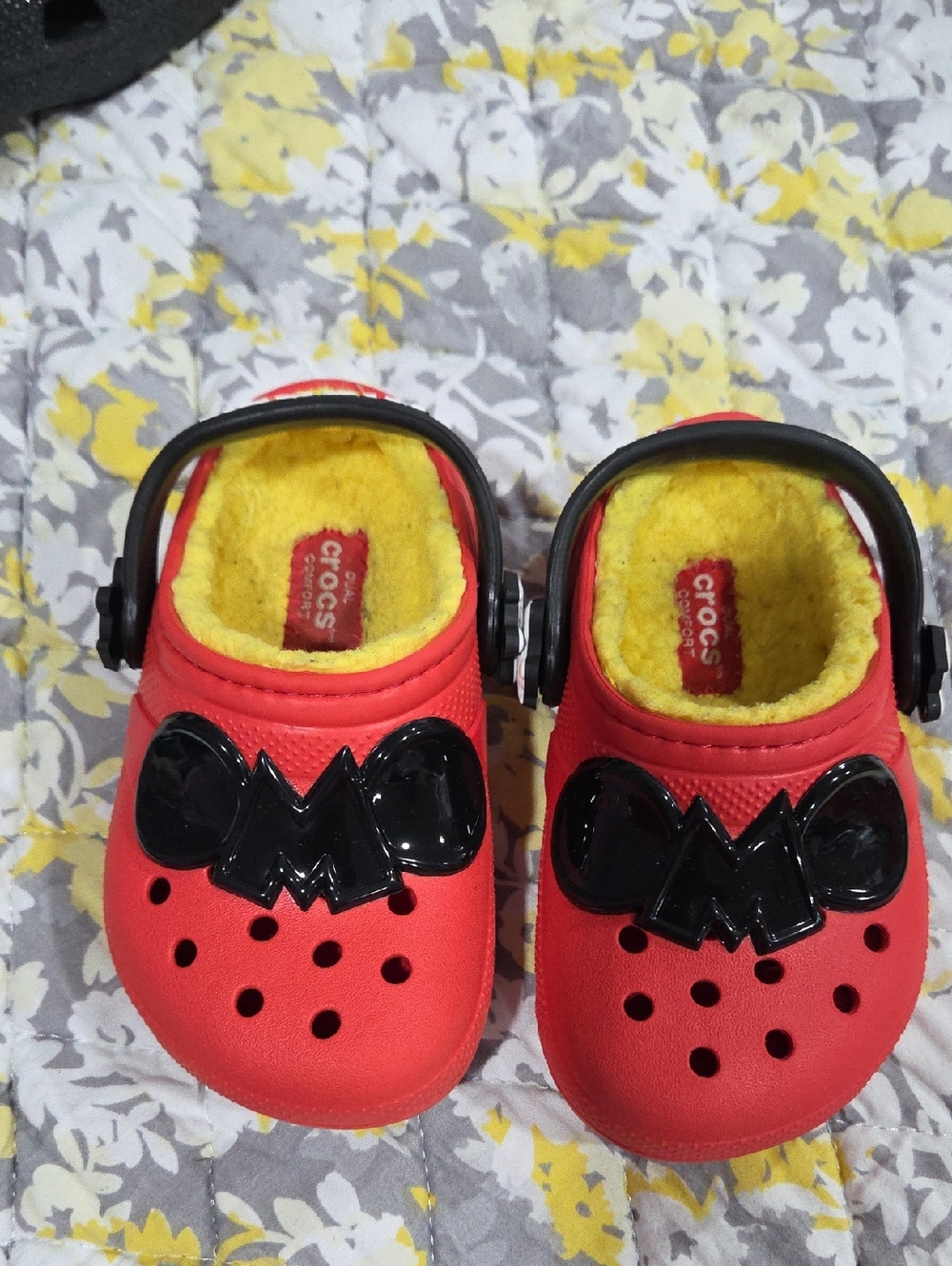 CROCS Kids Red Clog with Yellow Fuzzy Lining and Black Accents